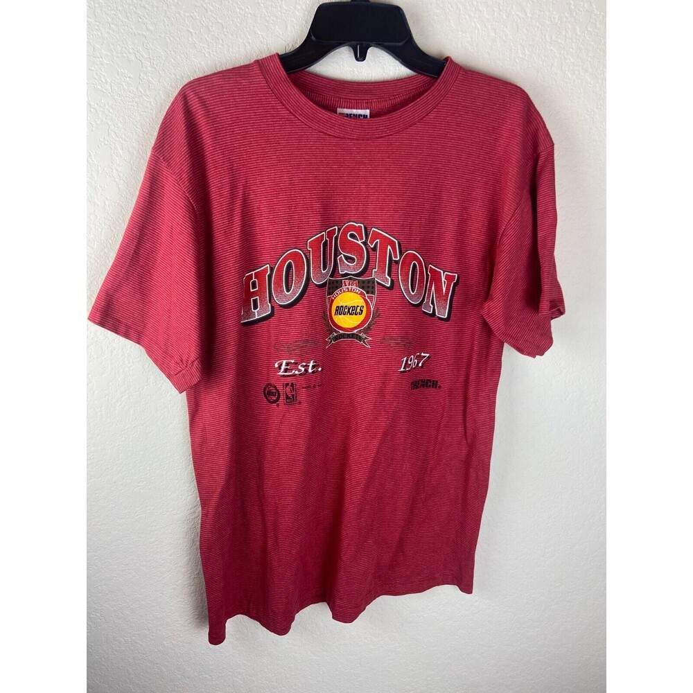 Vintage Mens Houston Rockets Tee Shirt Red Stripe Size L Single Stitch Crew Neck